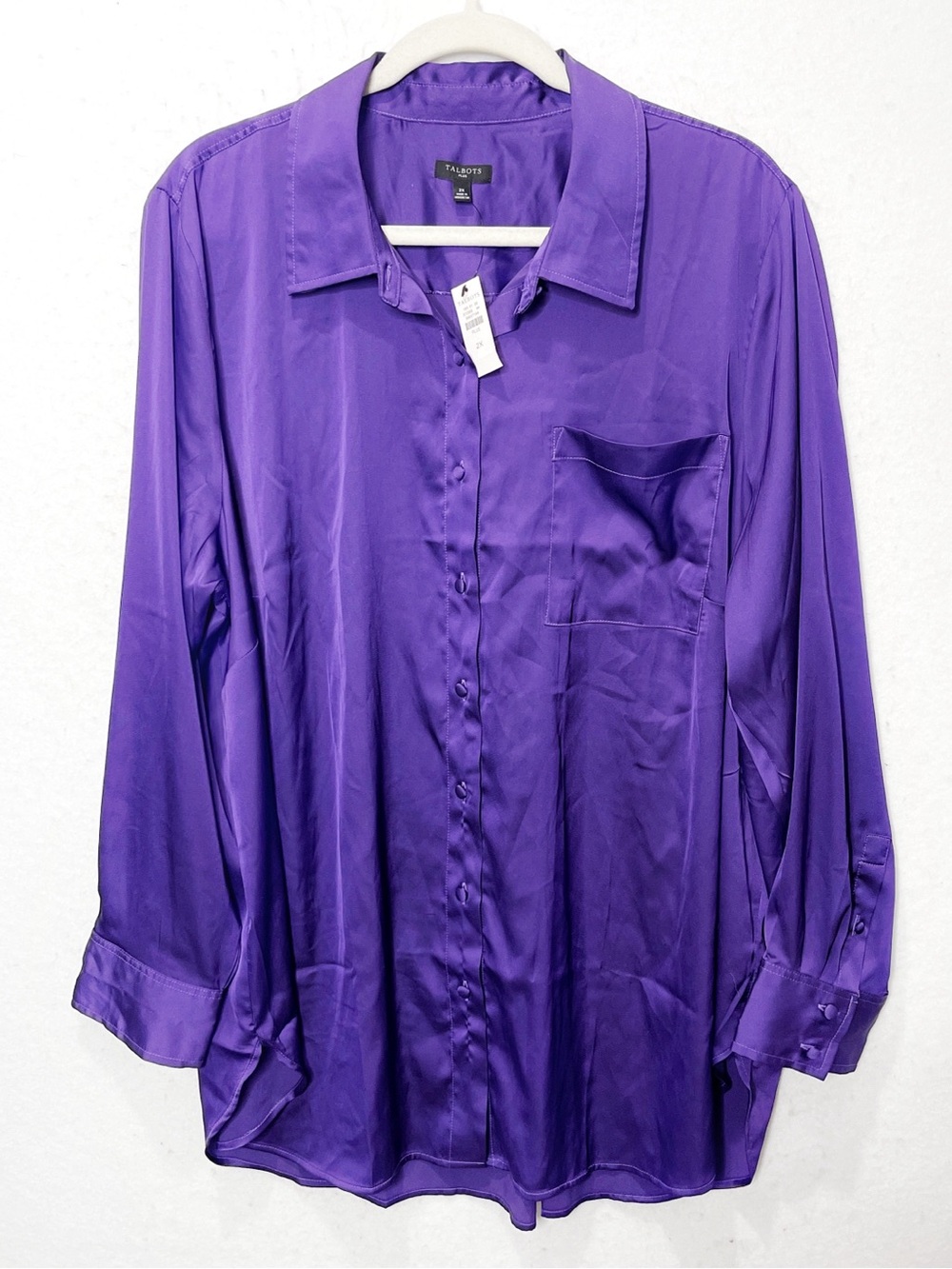 Talbots Plus Stretch Silky Satin Stretch Button Down Blouse Vibrant Purple 2X